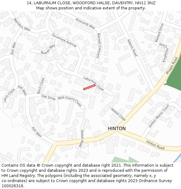 14, LABURNUM CLOSE, WOODFORD HALSE, DAVENTRY, NN11 3NZ: Location map and indicative extent of plot
