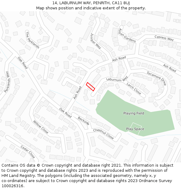 14, LABURNUM WAY, PENRITH, CA11 8UJ: Location map and indicative extent of plot