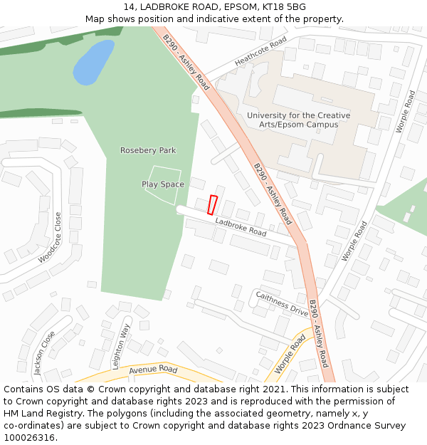 14, LADBROKE ROAD, EPSOM, KT18 5BG: Location map and indicative extent of plot