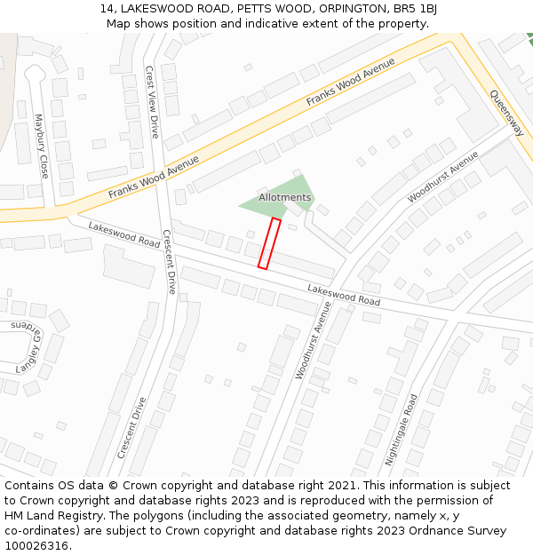 14, LAKESWOOD ROAD, PETTS WOOD, ORPINGTON, BR5 1BJ: Location map and indicative extent of plot