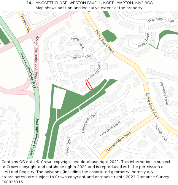 14, LANGSETT CLOSE, WESTON FAVELL, NORTHAMPTON, NN3 9SG: Location map and indicative extent of plot