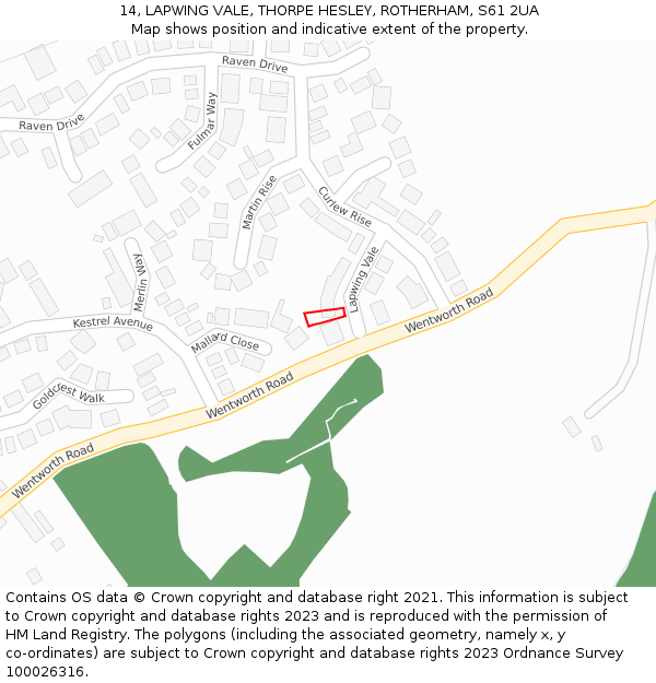 14, LAPWING VALE, THORPE HESLEY, ROTHERHAM, S61 2UA: Location map and indicative extent of plot