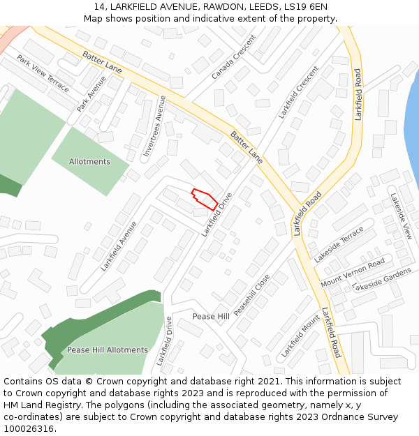 14, LARKFIELD AVENUE, RAWDON, LEEDS, LS19 6EN: Location map and indicative extent of plot