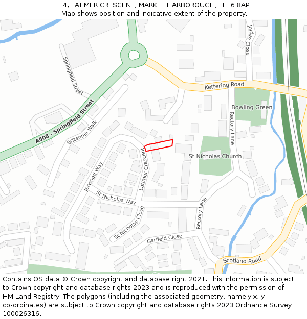 14, LATIMER CRESCENT, MARKET HARBOROUGH, LE16 8AP: Location map and indicative extent of plot