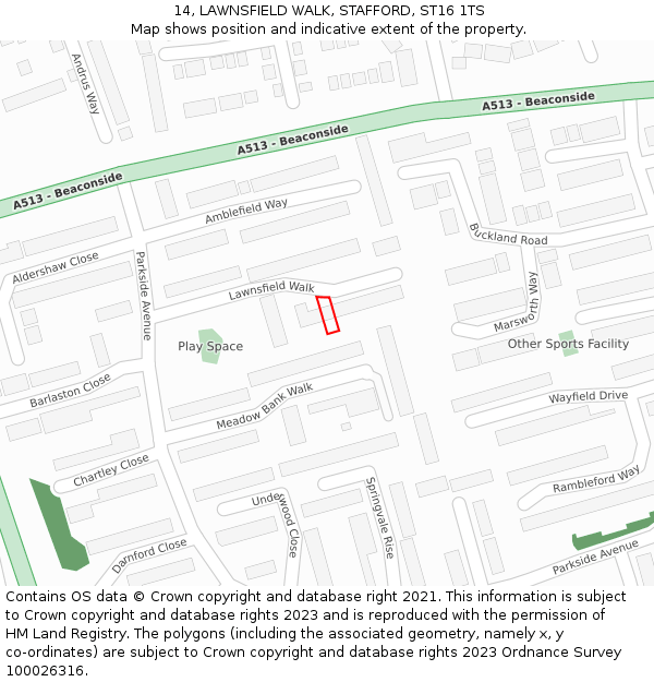 14, LAWNSFIELD WALK, STAFFORD, ST16 1TS: Location map and indicative extent of plot