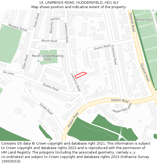 14, LAWRENCE ROAD, HUDDERSFIELD, HD1 4LY: Location map and indicative extent of plot