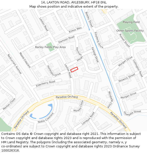 14, LAXTON ROAD, AYLESBURY, HP18 0NL: Location map and indicative extent of plot