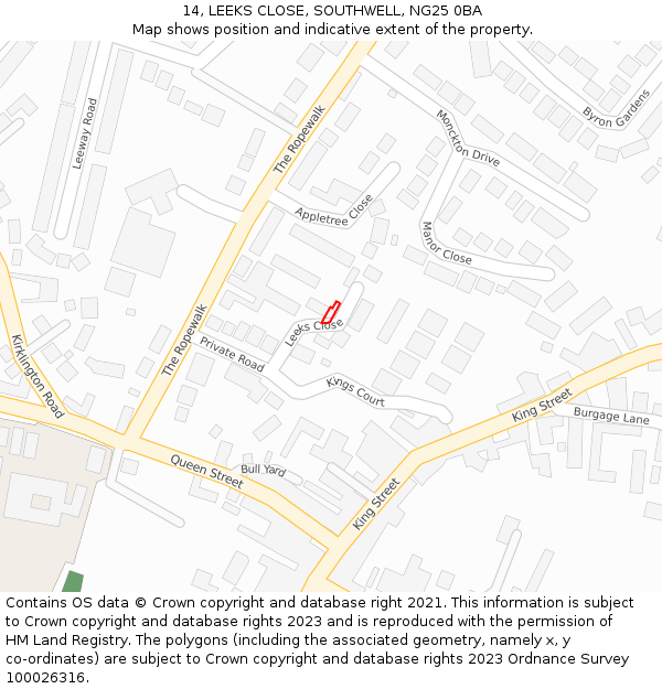 14, LEEKS CLOSE, SOUTHWELL, NG25 0BA: Location map and indicative extent of plot