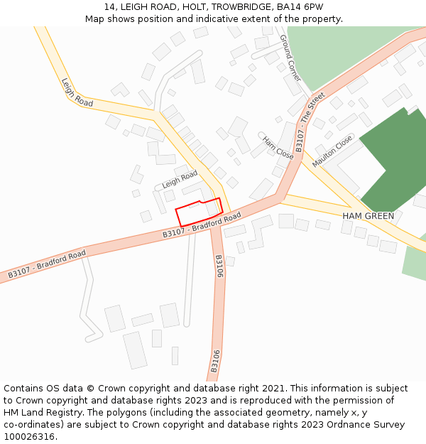 14, LEIGH ROAD, HOLT, TROWBRIDGE, BA14 6PW: Location map and indicative extent of plot