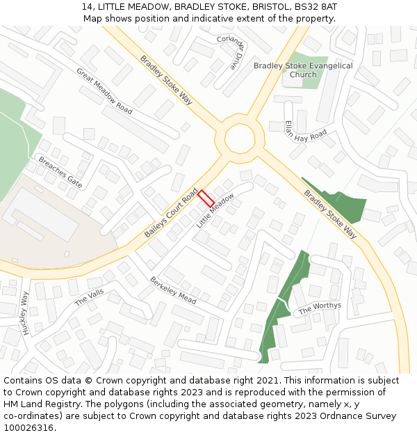 14, LITTLE MEADOW, BRADLEY STOKE, BRISTOL, BS32 8AT: Location map and indicative extent of plot