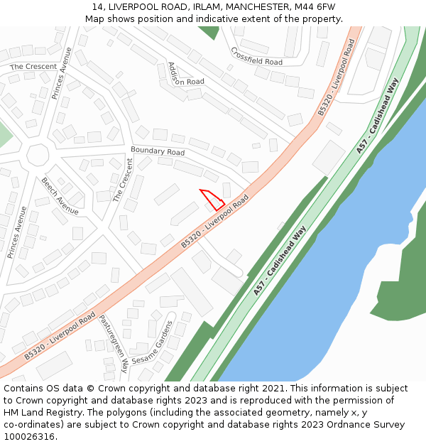 14, LIVERPOOL ROAD, IRLAM, MANCHESTER, M44 6FW: Location map and indicative extent of plot