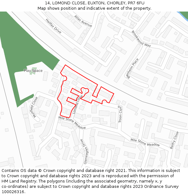 14, LOMOND CLOSE, EUXTON, CHORLEY, PR7 6FU: Location map and indicative extent of plot