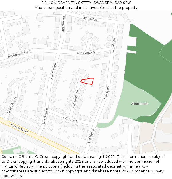 14, LON DRAENEN, SKETTY, SWANSEA, SA2 9EW: Location map and indicative extent of plot