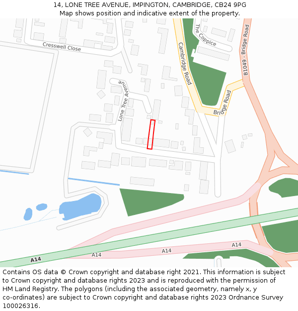 14, LONE TREE AVENUE, IMPINGTON, CAMBRIDGE, CB24 9PG: Location map and indicative extent of plot