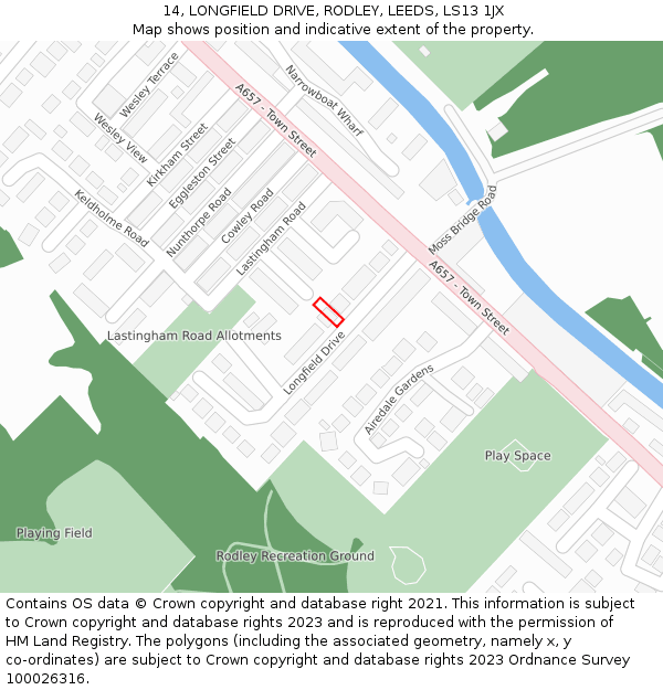 14, LONGFIELD DRIVE, RODLEY, LEEDS, LS13 1JX: Location map and indicative extent of plot