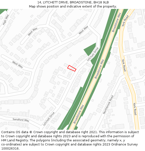 14, LYTCHETT DRIVE, BROADSTONE, BH18 9LB: Location map and indicative extent of plot
