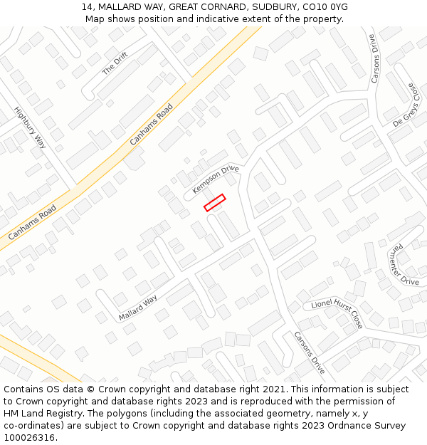 14, MALLARD WAY, GREAT CORNARD, SUDBURY, CO10 0YG: Location map and indicative extent of plot