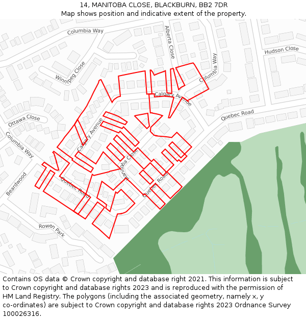 14, MANITOBA CLOSE, BLACKBURN, BB2 7DR: Location map and indicative extent of plot