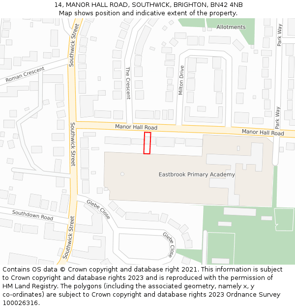 14, MANOR HALL ROAD, SOUTHWICK, BRIGHTON, BN42 4NB: Location map and indicative extent of plot