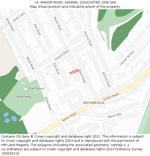 14, MANOR ROAD, ASKERN, DONCASTER, DN6 0AS: Location map and indicative extent of plot