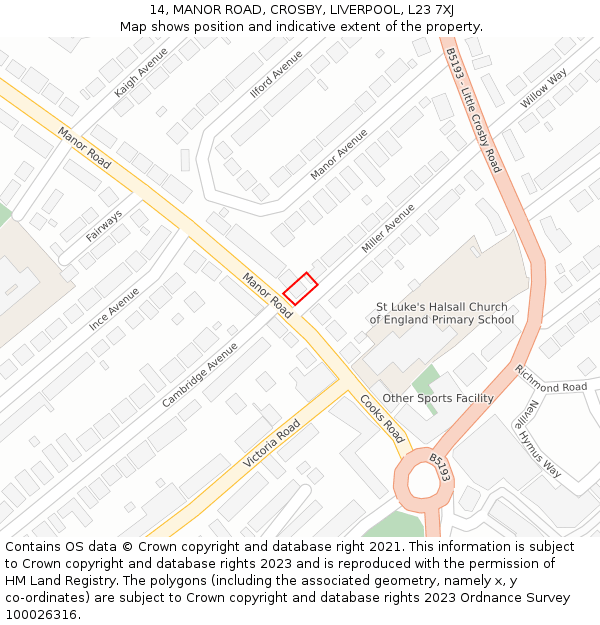 14, MANOR ROAD, CROSBY, LIVERPOOL, L23 7XJ: Location map and indicative extent of plot