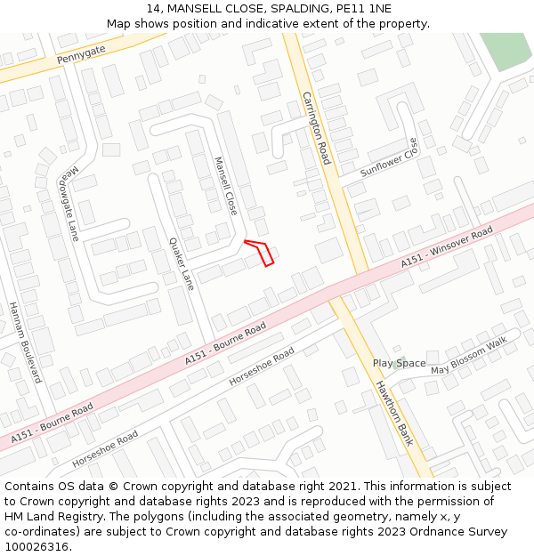 14, MANSELL CLOSE, SPALDING, PE11 1NE: Location map and indicative extent of plot