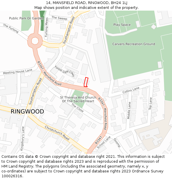 14, MANSFIELD ROAD, RINGWOOD, BH24 1LJ: Location map and indicative extent of plot