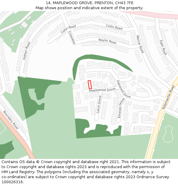 14, MAPLEWOOD GROVE, PRENTON, CH43 7FE: Location map and indicative extent of plot