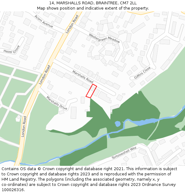 14, MARSHALLS ROAD, BRAINTREE, CM7 2LL: Location map and indicative extent of plot