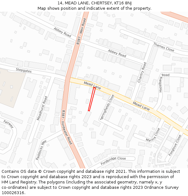 14, MEAD LANE, CHERTSEY, KT16 8NJ: Location map and indicative extent of plot