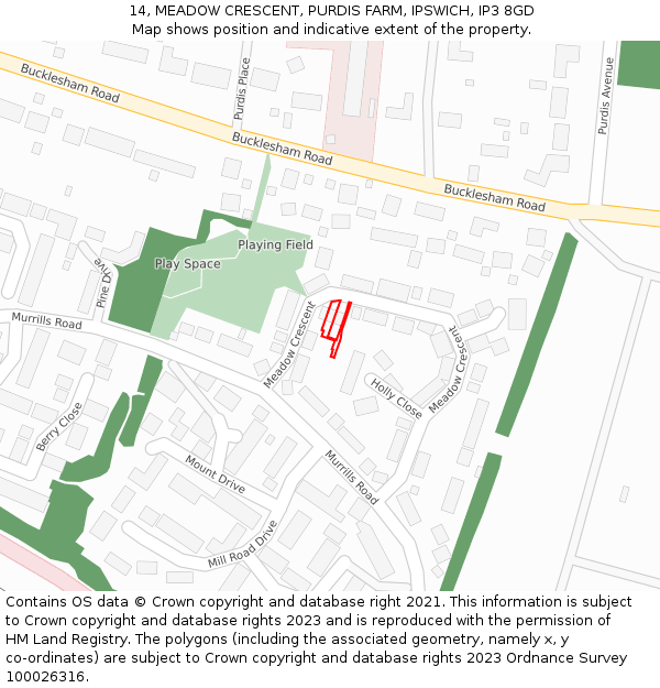 14, MEADOW CRESCENT, PURDIS FARM, IPSWICH, IP3 8GD: Location map and indicative extent of plot