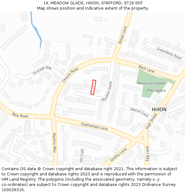14, MEADOW GLADE, HIXON, STAFFORD, ST18 0NT: Location map and indicative extent of plot