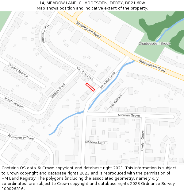 14, MEADOW LANE, CHADDESDEN, DERBY, DE21 6PW: Location map and indicative extent of plot