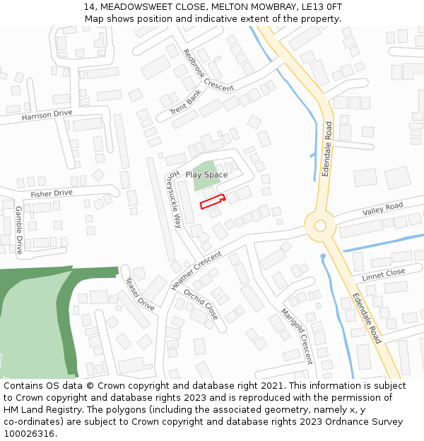 14, MEADOWSWEET CLOSE, MELTON MOWBRAY, LE13 0FT: Location map and indicative extent of plot