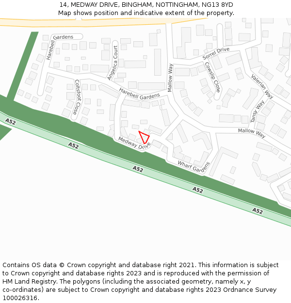 14, MEDWAY DRIVE, BINGHAM, NOTTINGHAM, NG13 8YD: Location map and indicative extent of plot