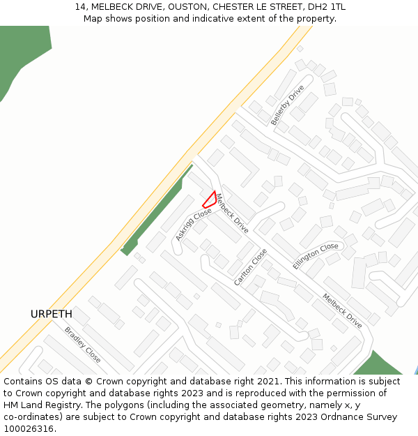 14, MELBECK DRIVE, OUSTON, CHESTER LE STREET, DH2 1TL: Location map and indicative extent of plot