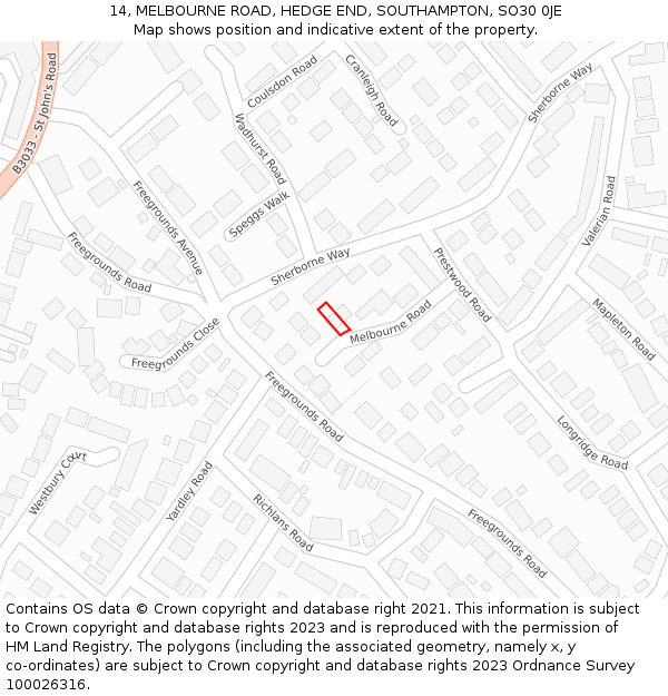 14, MELBOURNE ROAD, HEDGE END, SOUTHAMPTON, SO30 0JE: Location map and indicative extent of plot