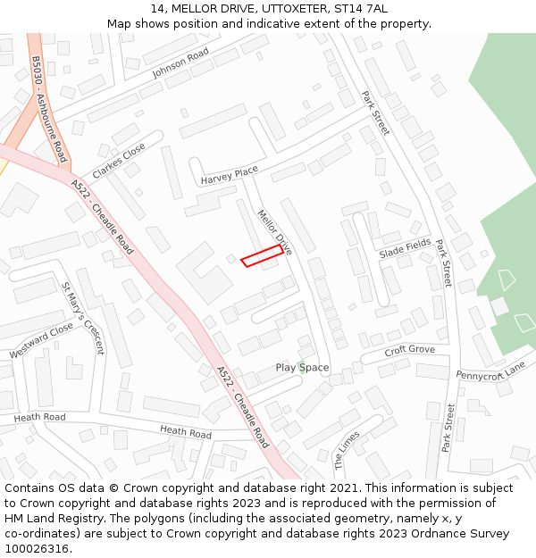 14, MELLOR DRIVE, UTTOXETER, ST14 7AL: Location map and indicative extent of plot