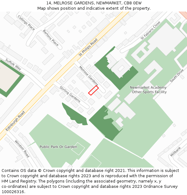 14, MELROSE GARDENS, NEWMARKET, CB8 0EW: Location map and indicative extent of plot
