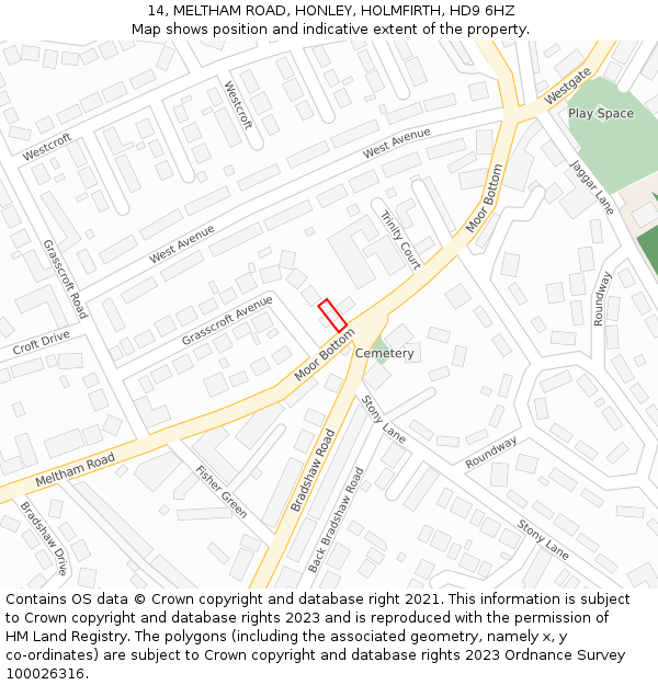 14, MELTHAM ROAD, HONLEY, HOLMFIRTH, HD9 6HZ: Location map and indicative extent of plot