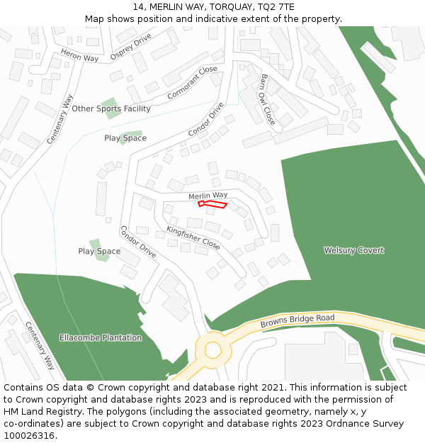 14, MERLIN WAY, TORQUAY, TQ2 7TE: Location map and indicative extent of plot