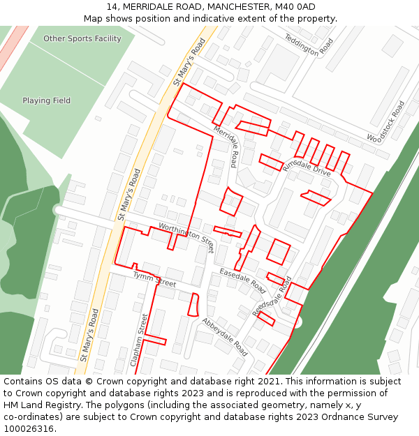 14, MERRIDALE ROAD, MANCHESTER, M40 0AD: Location map and indicative extent of plot