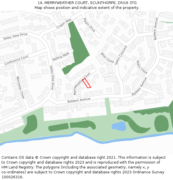 14, MERRYWEATHER COURT, SCUNTHORPE, DN16 3TG: Location map and indicative extent of plot