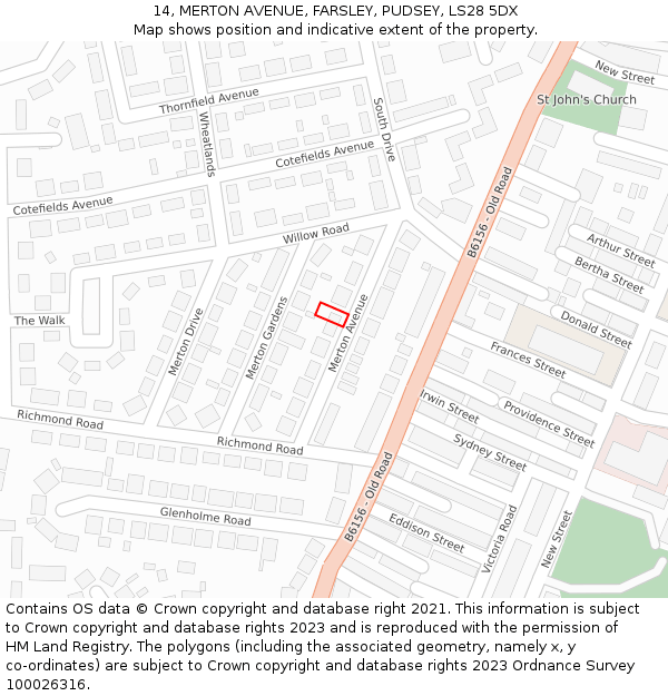 14, MERTON AVENUE, FARSLEY, PUDSEY, LS28 5DX: Location map and indicative extent of plot