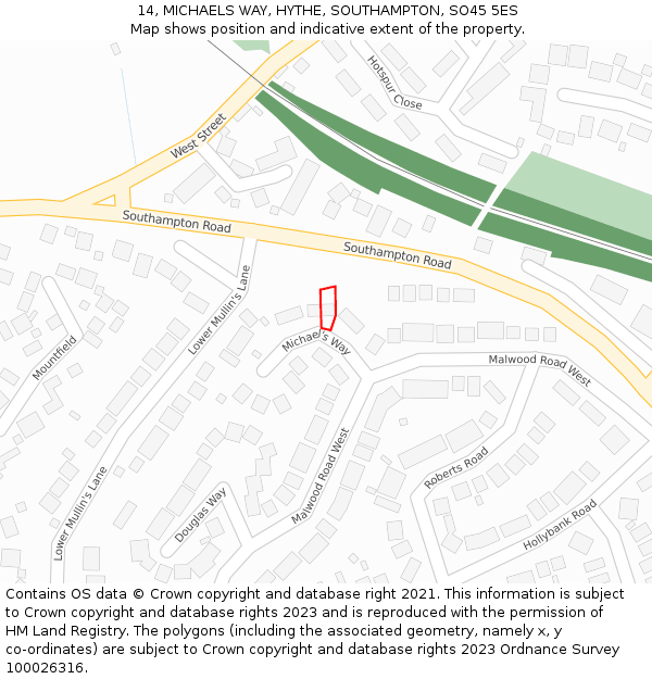 14, MICHAELS WAY, HYTHE, SOUTHAMPTON, SO45 5ES: Location map and indicative extent of plot