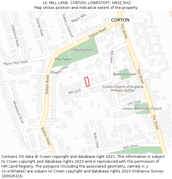 14, MILL LANE, CORTON, LOWESTOFT, NR32 5HZ: Location map and indicative extent of plot
