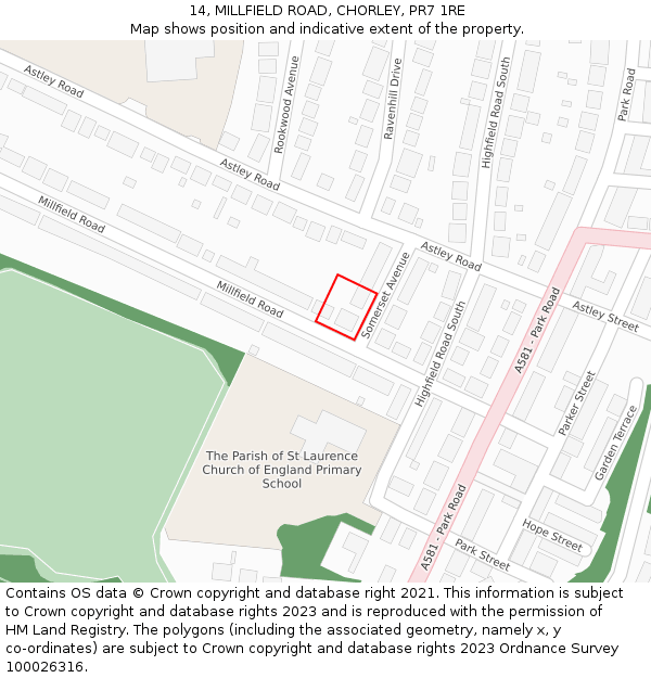 14, MILLFIELD ROAD, CHORLEY, PR7 1RE: Location map and indicative extent of plot