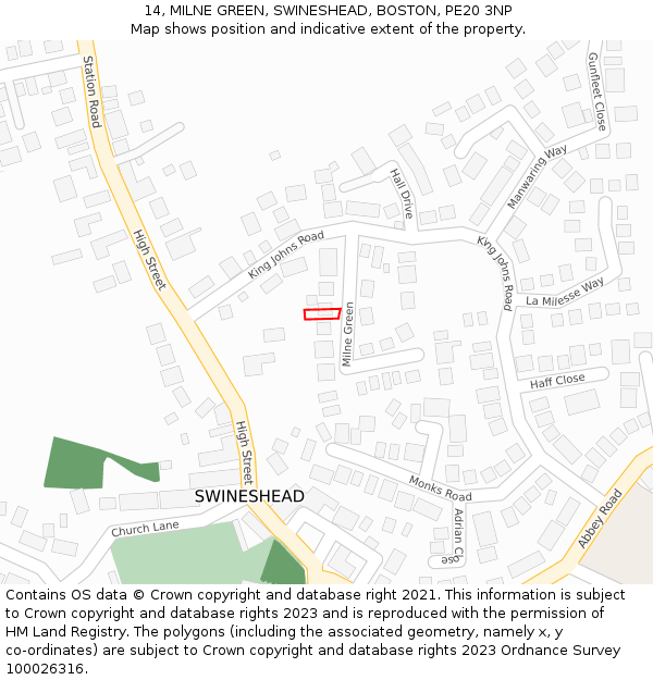 14, MILNE GREEN, SWINESHEAD, BOSTON, PE20 3NP: Location map and indicative extent of plot