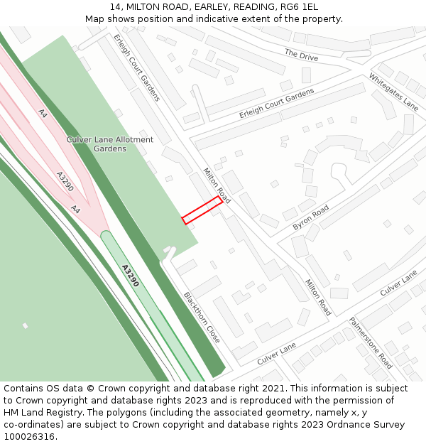14, MILTON ROAD, EARLEY, READING, RG6 1EL: Location map and indicative extent of plot