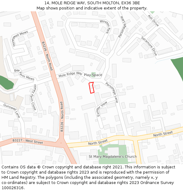 14, MOLE RIDGE WAY, SOUTH MOLTON, EX36 3BE: Location map and indicative extent of plot